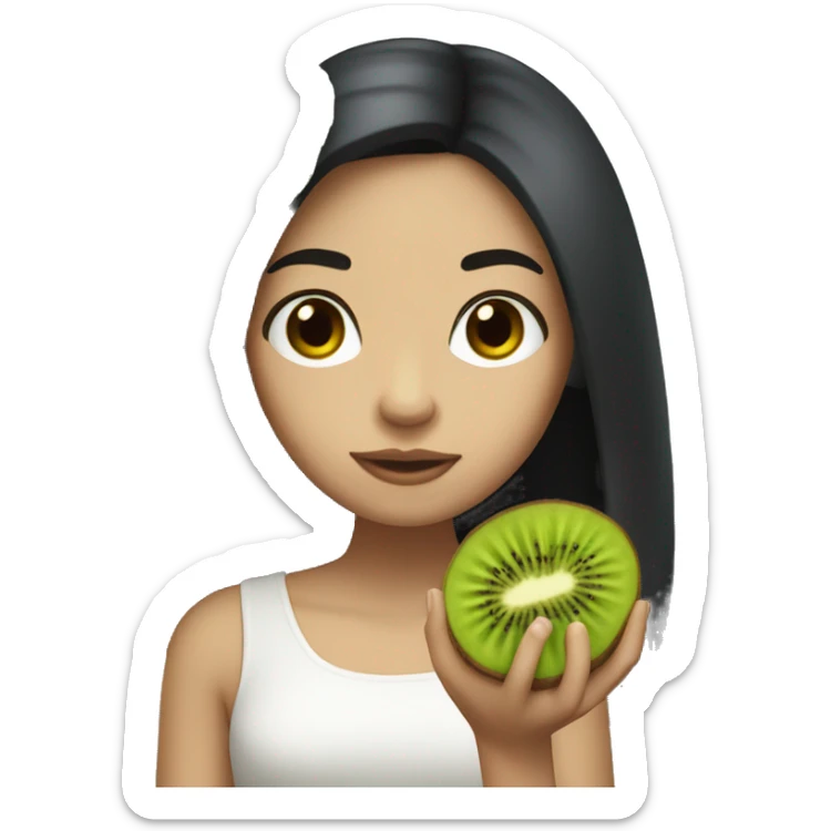 philipino white girl with long black hair holding a kiwi sticker