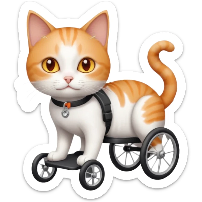 full body small short hair ginger and white cat with orange eyes walking in a wheelchair for cats sticker