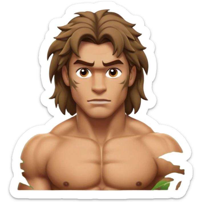 Cinematic Realistic Tarzan Portrait, depicted with lifelike, sun-kissed skin and a robust, muscular form that speaks of raw, untamed power. His piercing, soulful eyes and rugged yet gentle expression are framed by tousled hair, while a backdrop of lush jungle foliage and soft, natural lighting accentuate his primal grace and approachable strength. sticker