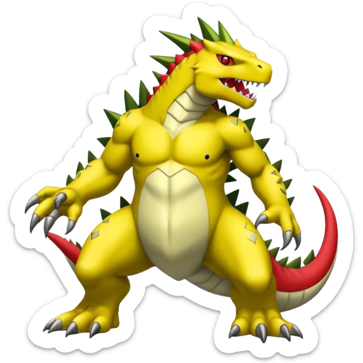 Cool edgy shiny Guilmon-Tyranitar-Drudigon-Digimon-hybrid-fusion, yellow belly, full body sticker