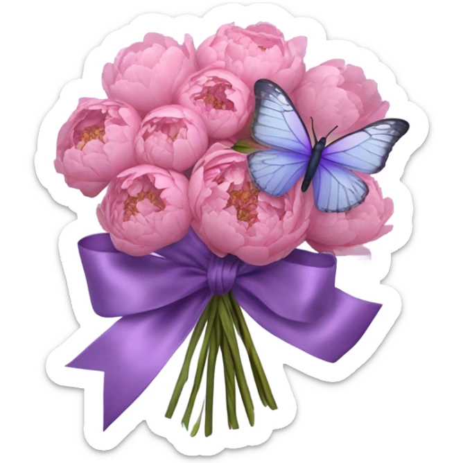A purple silk ribbon tied around a bouquet of dried pink peonies , with a delicate pastel violet butterfly perched gently on the bow. sticker