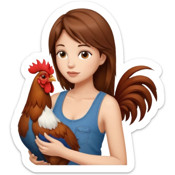 Kneeling down Brown hair enormous boobs Woman tank top, wearing jeans touching kissing rooster sticker