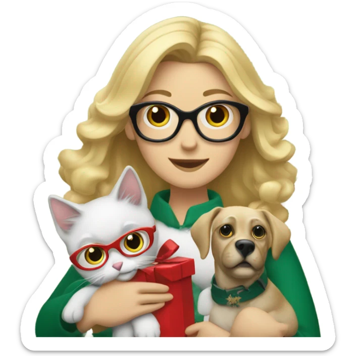 Blonde woman with glasses, holding a cat and a dog in front of the Christmas tree sticker