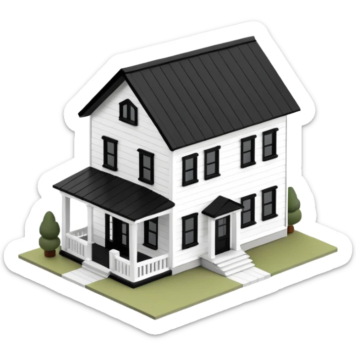 modern farmhouse dollhouse, white with black trim and wooden accents, 3d isometric  sticker