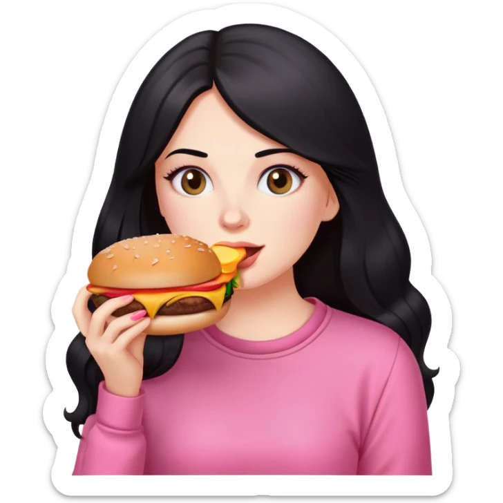 White girl in pink clothes and long black hair eating burger and pizza sticker