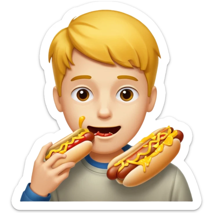 A boy taking a huge bite of a hot dog loaded with mustard and relish.





















 sticker