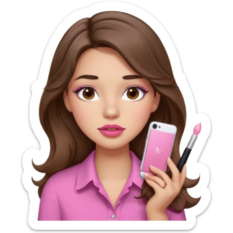 girl with long wavy brown hair, brown eyes, light to medium complexion, in a pink shirt, pink lips, long lashes, puckered lips, putting on blush sticker