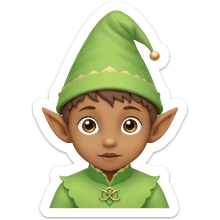 Tiny elf baby brown skin with pointy ears and hat, pastel green outfit,  sticker