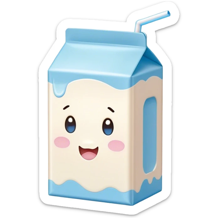 Cute Kawaii Milk Carton, small and boxy, bright pastel blue and white, blushing cheeks, a tiny straw poking out, soft glowing highlights, adorable farm-fresh cuteness! sticker