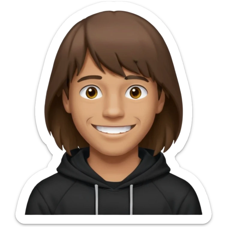 20 yr old man, brown hair, straight, big smile, white teeth, tanned skin, bangs, black hooded sweatshirt, long hair in back, middle parted bangs sticker
