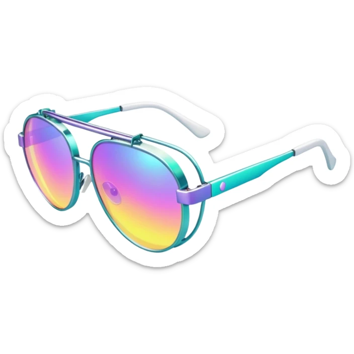 Colorful Y2K glasses with metallic frame, iridescent lenses, futuristic 2000s style sunglasses with digital vibes sticker