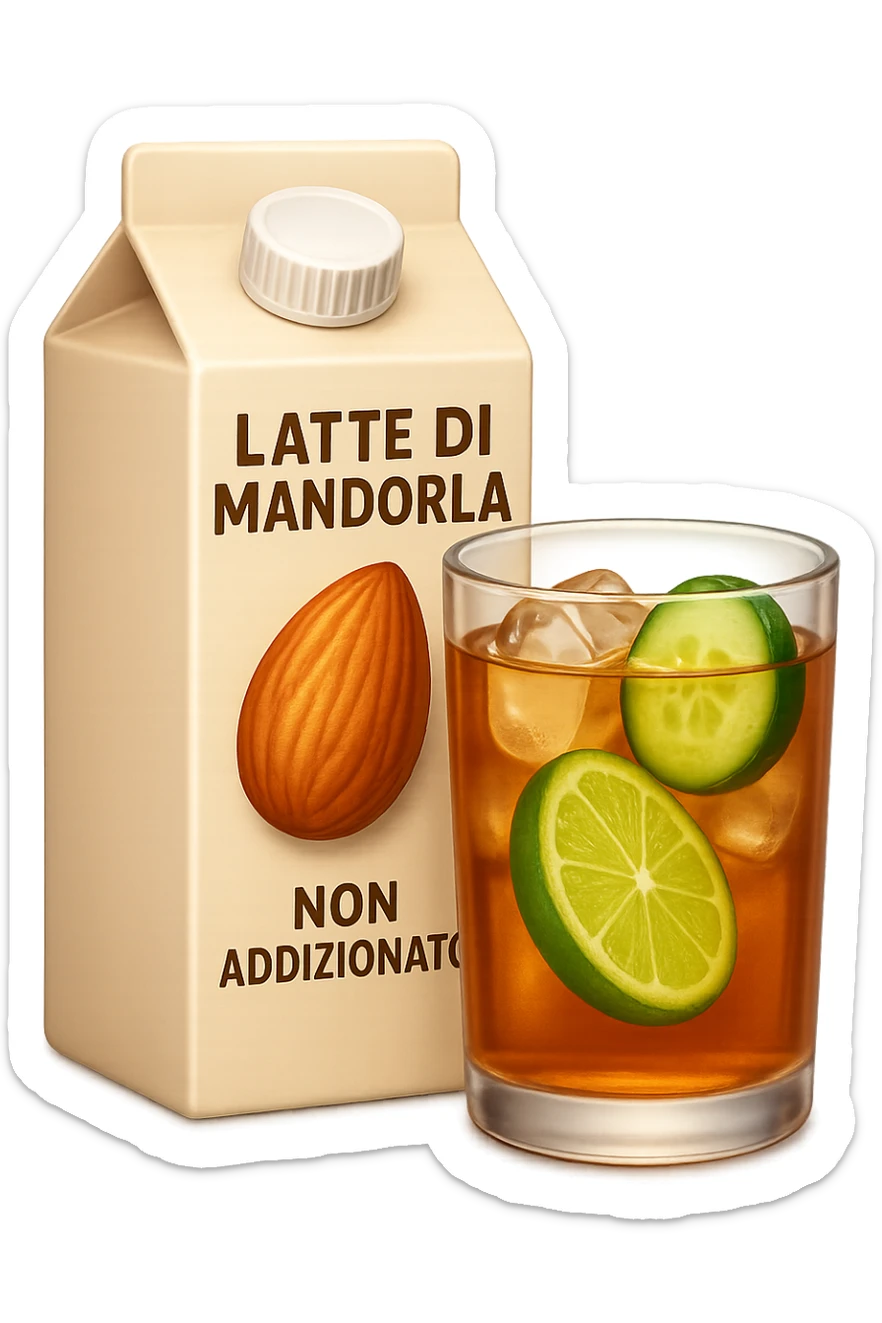 emoji stile iphone di un pacco di latte di mandorla non addizionato accanto ad un bicchiere di vetro di tè freddo con fettine di cetriolo e lime
IPERREALISTICO 4K sticker