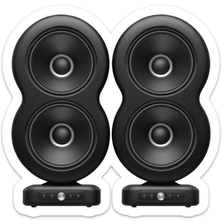 pair of big speakers emoji, deep matte black metal body, circular speaker cones with subtle depth, smooth rounded edges, minimalistic futuristic 3D style, luxury aesthetic sticker