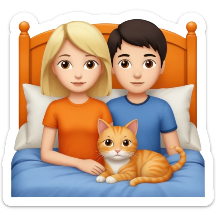 Girl with dark hair and a boy with blonde in a bed with an orange cat sticker