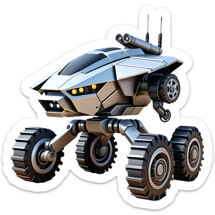Futuristic jumping 8-wheel armored canine sporty self-balancing massive mech trail assault vehicle motor-in-wheel side-hill leaning actively robotically articulating hydraulic independent suspended pod gimbal defender mech off-road racing rover with large fast engine basher crawler megatron  sticker
