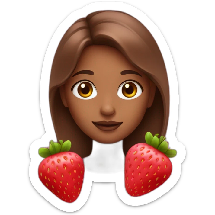 A girl with strawberries, wearing pink, with brown hair and cute makeup sticker
