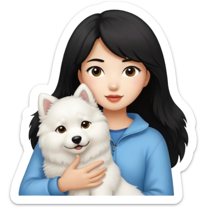 A black hair asian girl with a bright skintone holding a samoyed dog sticker