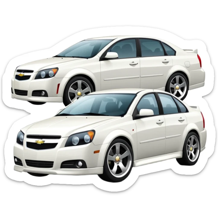 A cinematic, high-detail photograph of a glossy white Chevrolet Optra Magnum 2007 sedan with tinted windows and custom alloy rims sticker