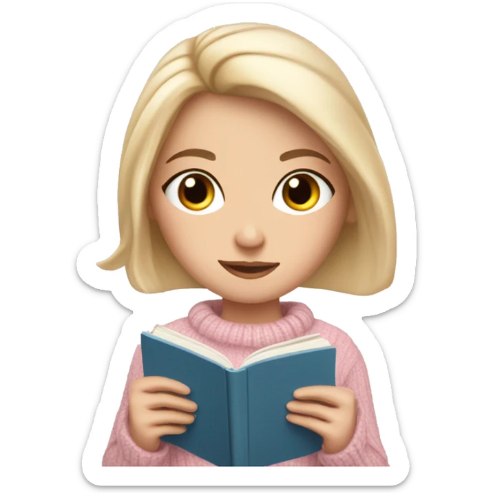 Pretty blue eyed white girl with light pink sweater reading cozy sticker