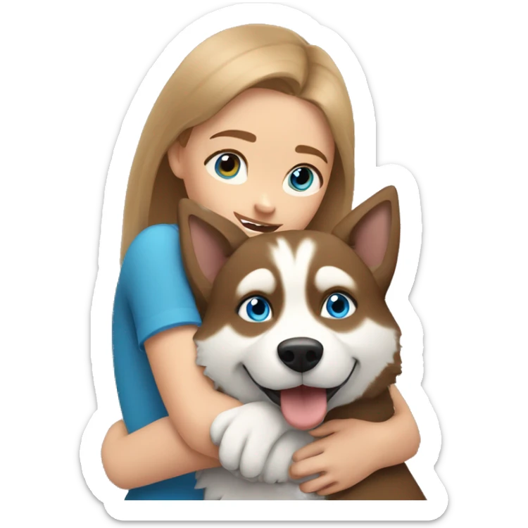 a girl with blue eyes and light-brown hair hugs a husky dog ​​with brown eyes sticker