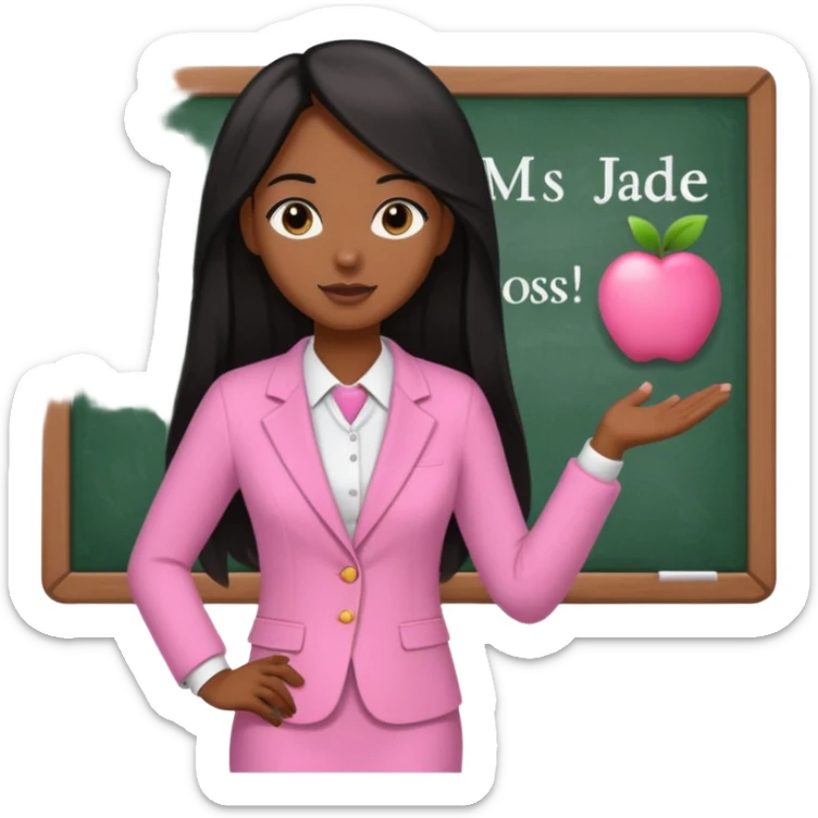 a brown skin teacher with hair with black straight long hair wearing pink not hot pink 2 piece set teaching up on a board the board says Ms. jade sticker
