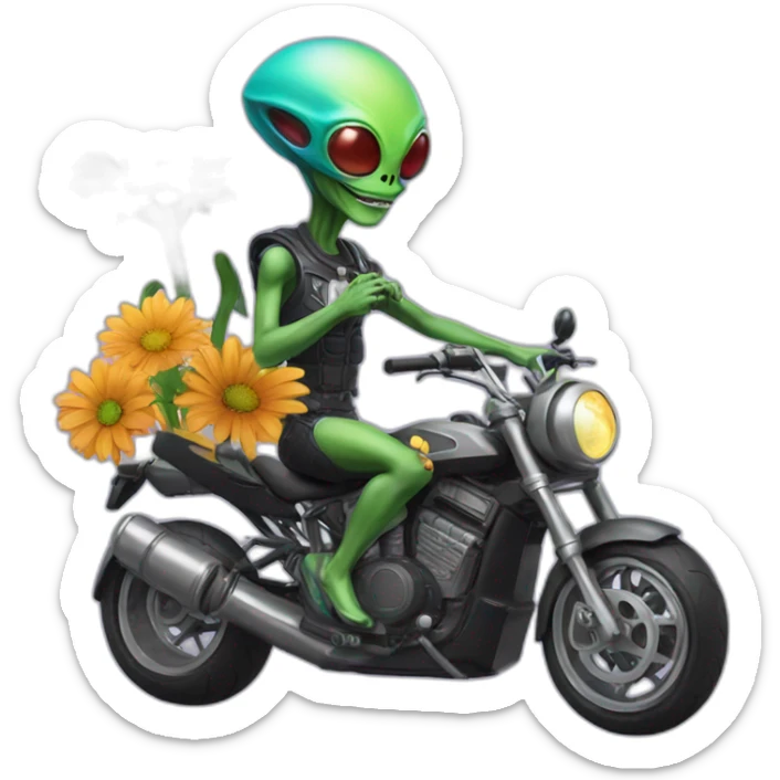 An alien from Jupiter wearing a flower necklace and riding a super bike sticker