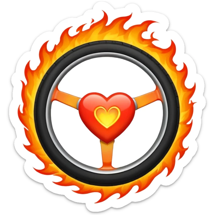 a car wheel on fire, and in the center of the wheel (instead of the car icon) there is a red flaming heart sticker