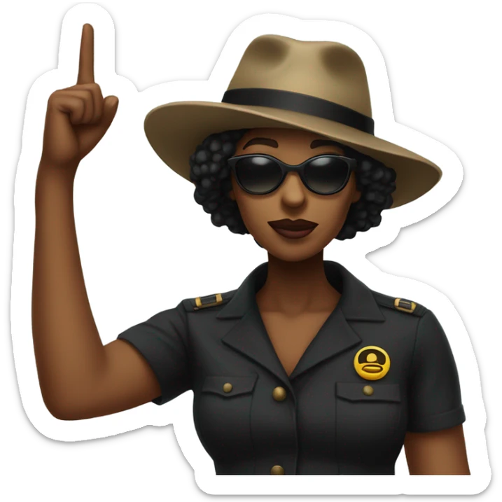 A black female revolutionary in dark shades and a small hat with raised fist! sticker