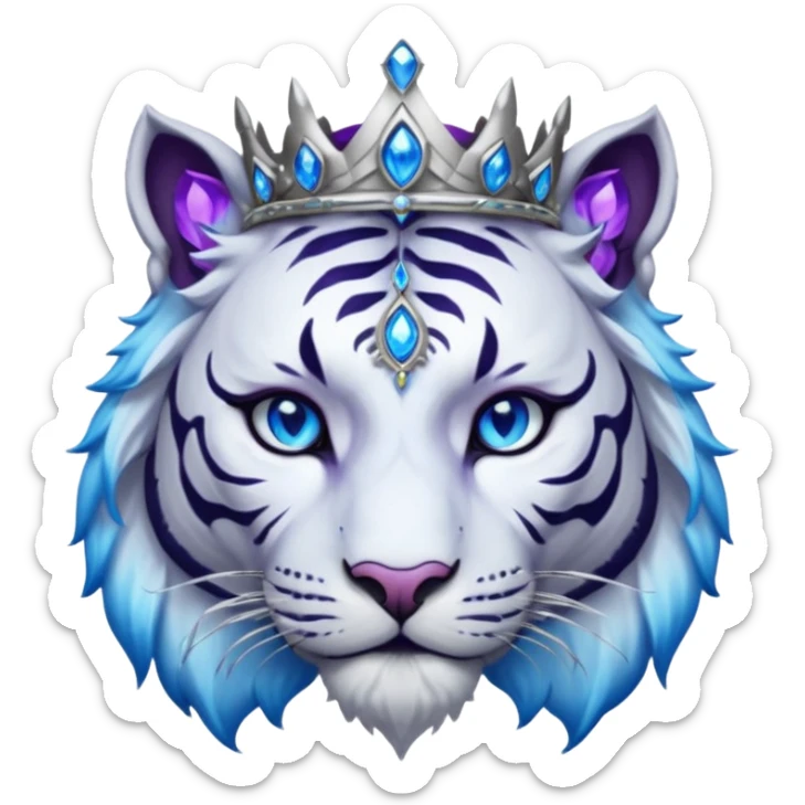 ESO Female white/black tiger khajiit leader of the umbral rose, glowing blue eyes, glowing blue 'third eye' gem; silver crown/tiara with purple gems  sticker