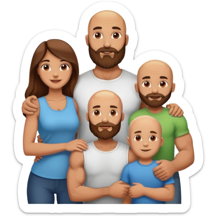 Happy Muscular Bald beard men with his wife long brown hair and 3 sons sticker