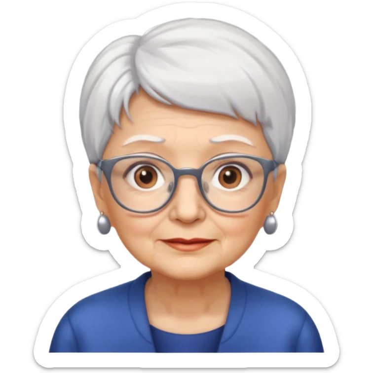 Create me emoji of an old lady. Short white hair to left side. Square glasses. Brown eyes. Rounded bigger face sticker
