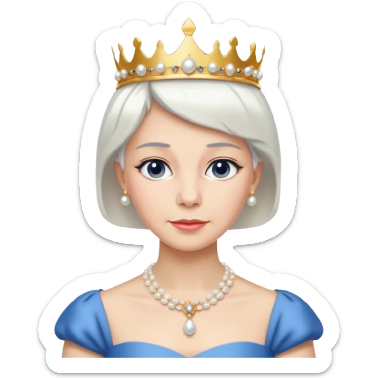 Queen with white short hair – gold tiara, pearl necklace, elegant gown, blue dress sticker