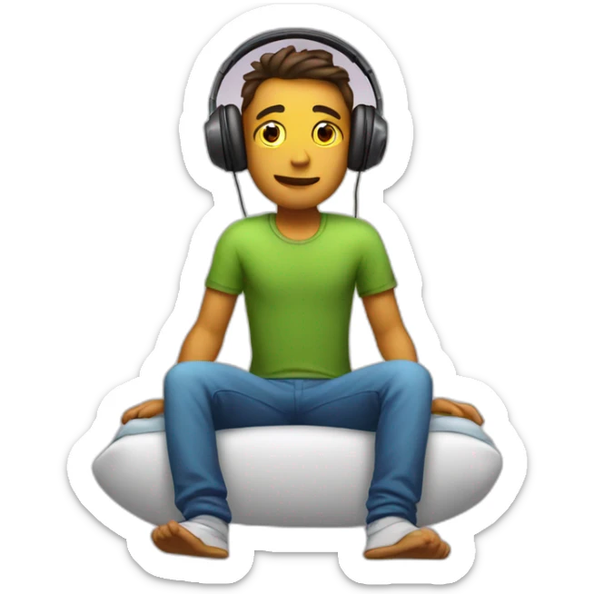 An lazy boy on bed with wearing headphones deside his legs 2 pellos  sticker