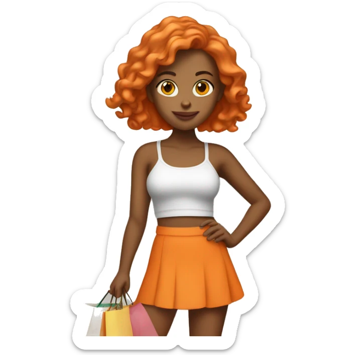 Tan girl with long orange hair wearing a skirt and crop top outfit holding shopping bags sticker