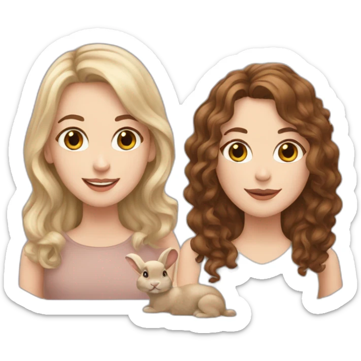 a white girl with brown hair and a white girl with brown curly hair and a beige rabbit sticker