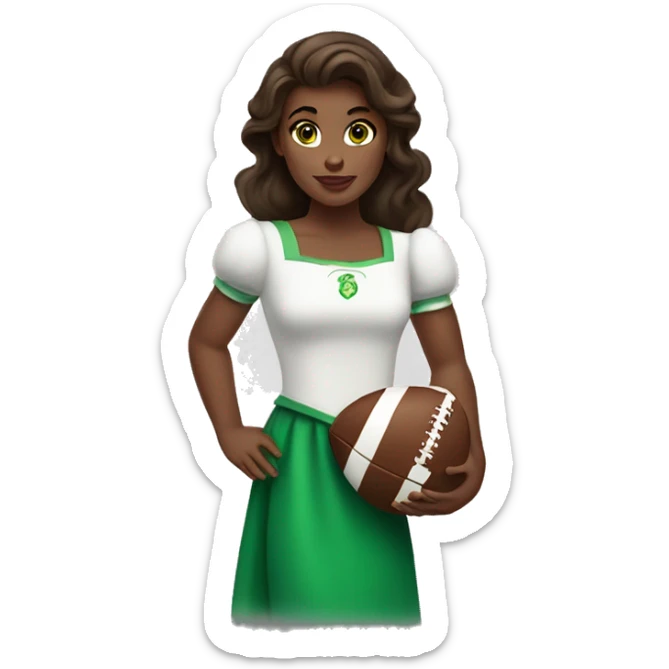 White Disney princess Belle with dark brown hair green eyes holding a football sticker