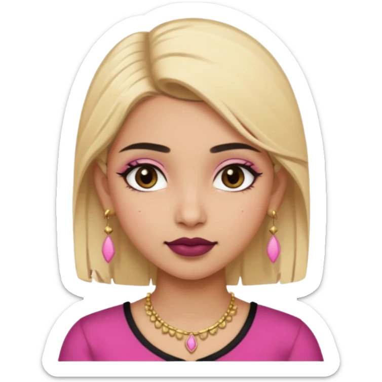 Sweet Indian girl blonde hair darkbrow  eyes brown lipstick, pink blush, black top gold earrings, brown eyebrows  sticker