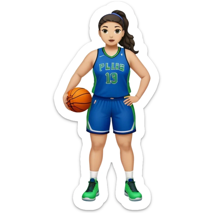 full body plus size light skin  latino women basketball player with wavy dark hair in pony tail wide nose wearing blue uniform with green accent sticker