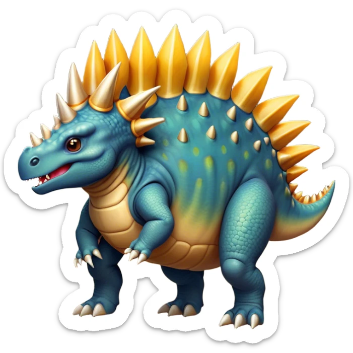 Cinematic Noble Stegosaurus Portrait Emoji, Poised and dignified, with a sturdy, low-slung body adorned by a distinctive row of bony plates along its back and a spiked tail, a small, determined head with observant eyes, Simplified yet sharply defined features, highly detailed, glowing with a soft, earthy radiance, high shine, intelligent and resolute, stylized with an air of ancient armored majesty, focused and alert, soft glowing outline, capturing the essence of a watchful and confident Stegosaurus that appears ready to lumber out of the screen with effortless authority! sticker