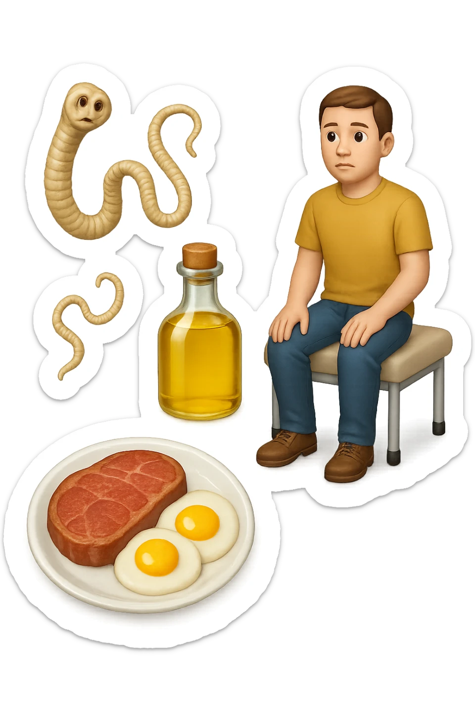 emoji stile iphone di UN PIATTO CON CARNE ROSSA E UOVA, UNA BOTTIGLIA DI OLIO DI SEMI, DUE PARASSITI TIPO LA TENIA, UOMO SEDUTO SU UN LETTINO DA FISIOTERAPISTA, IPERREALISTICO 4K sticker