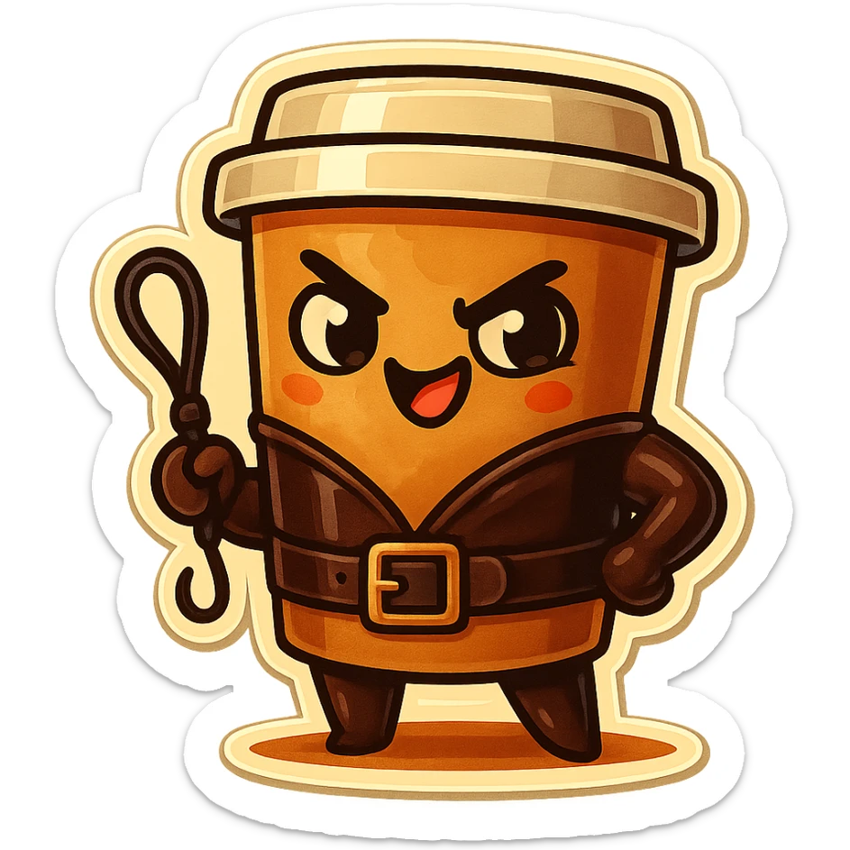 Tall coffee cup, dressed in leather holding a whipping crop, mischevious, sticker