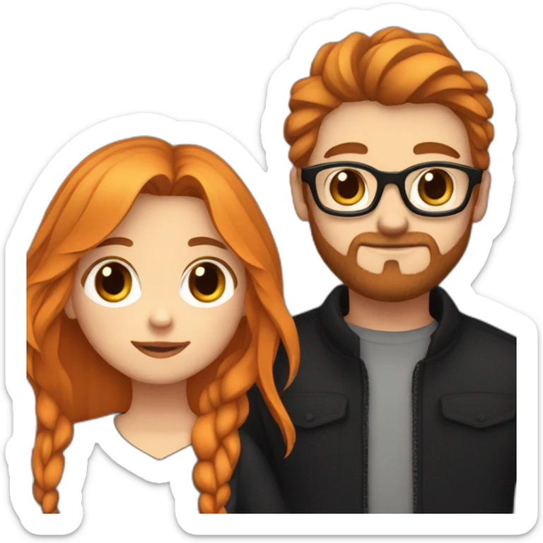 girl with long orange hair wearing no glasses and all black clothes and holding hands with boy with dark hair and beard and glasses and pale skin sticker