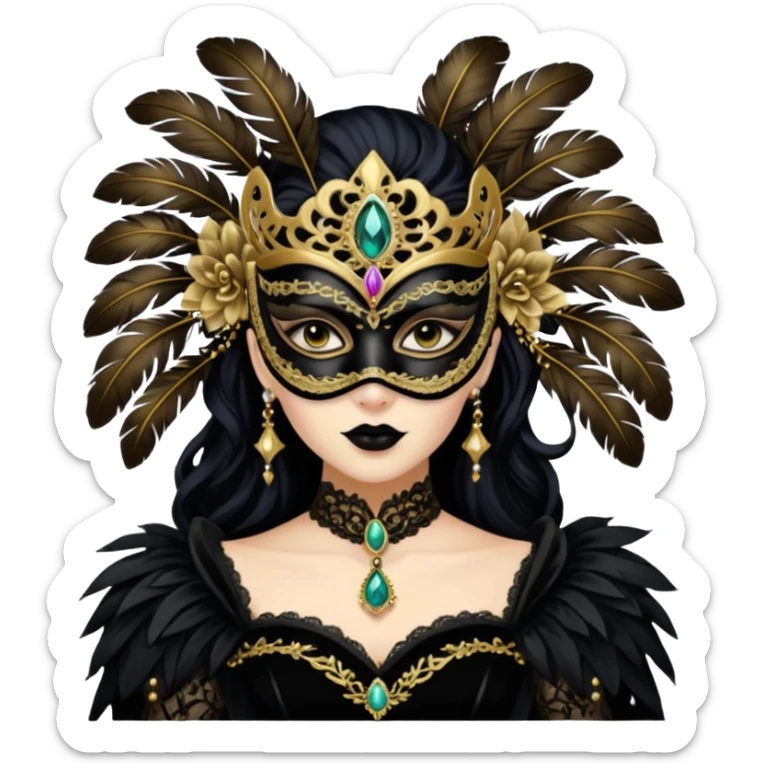 (the person is transformed into a masquerade gothic queen:1.5), black velvet gown with gold lace details, ornate mask with feathers and gem studs
 sticker