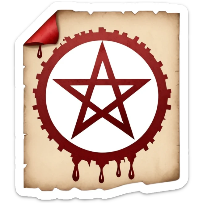 Minimalist emoji-style sticker of a blank torn contract with a pentagram stamp and drop of muted red ink. Gothic feel, flat design.
 sticker