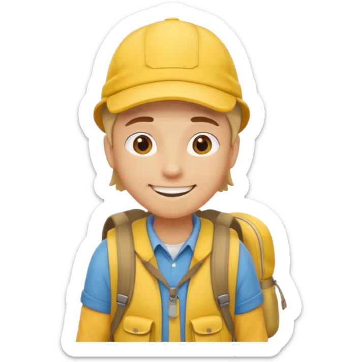 Cartoon explorer wearing a yellow cap and yellow backpack, casual outdoor outfit sticker