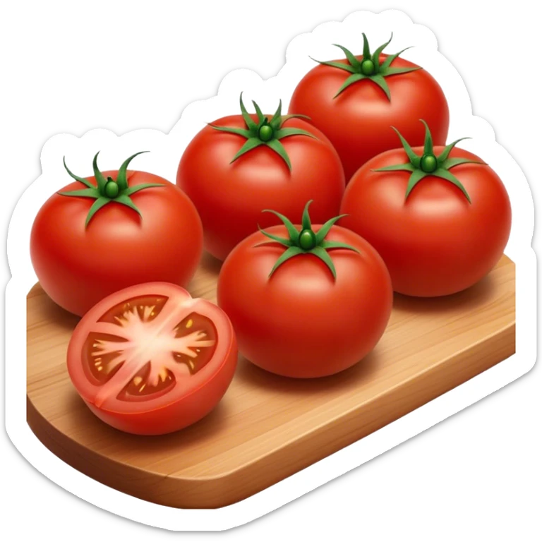 Cinematic juicy ripe tomatoe, deep red, slightly dewy, arranged on a wooden cutting board, soft glowing background, rich and flavorful. sticker