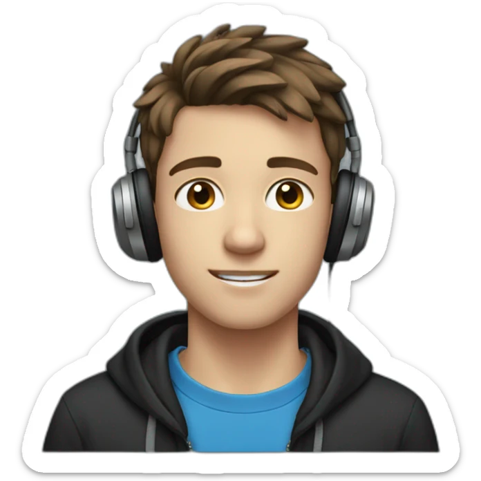 A teenager of about 14, with brown hair, blue and gray eyes, wearing a black sweatshirt and headphones on his head sticker