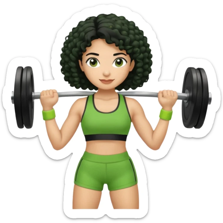 woman with olive skin and curly black hair wearing a green workout outfit (shorts) and lifting weights sticker