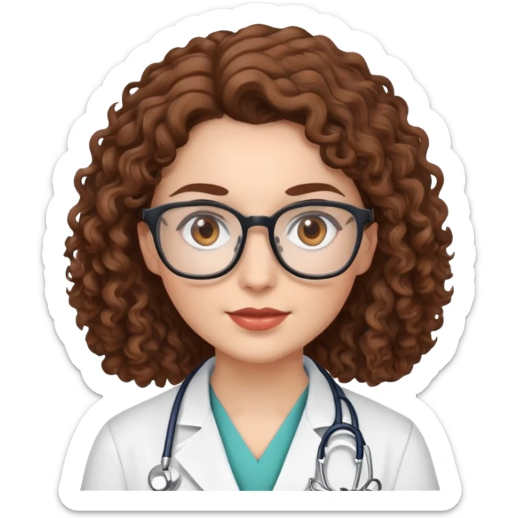 A white skin female doctor with brown eyes brown curly hair and glasses  sticker
