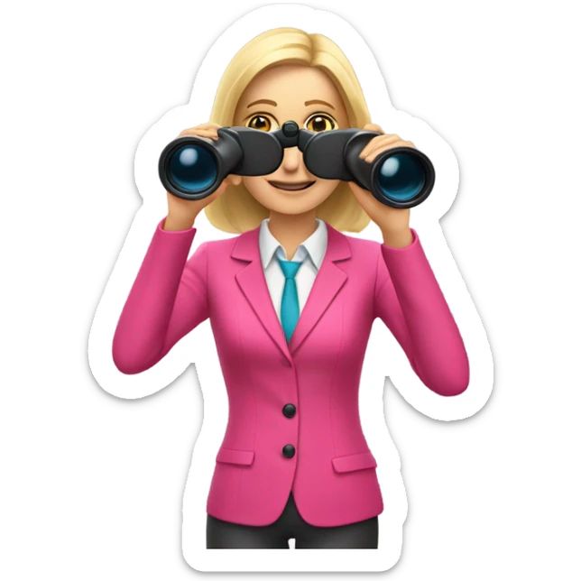 white female employee with pretty face and loose blonde hair wearing intensive color pink suit looking in binoculars. Upper-body only. sticker